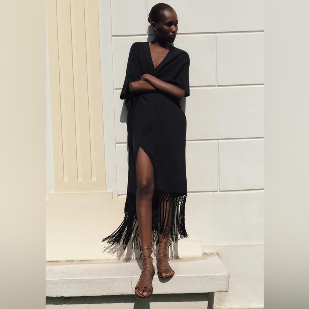NWT Zara Woman Bloggers Fav Linen Blend Rustic Fringe Dress Black Size S Small